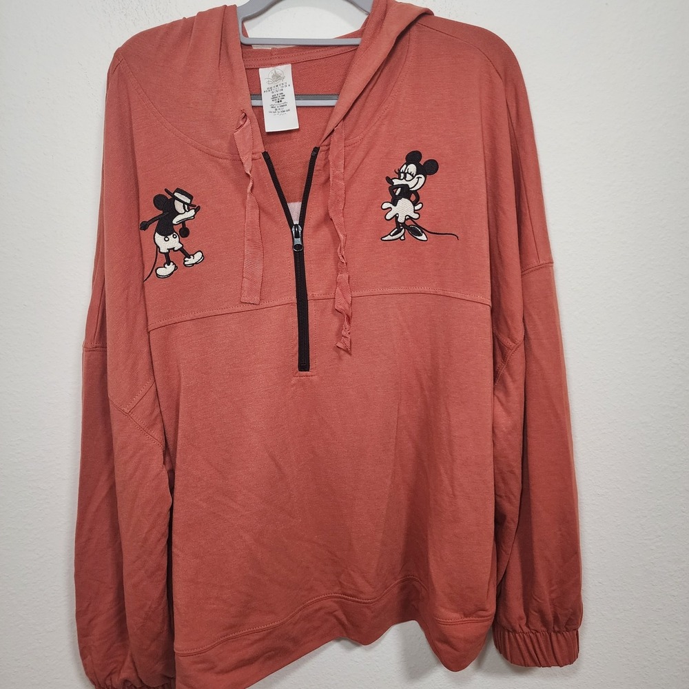 Disney Orange Mickey & Minnie Mouse Half Zip Hooded Pullover Shirt 1X Plus